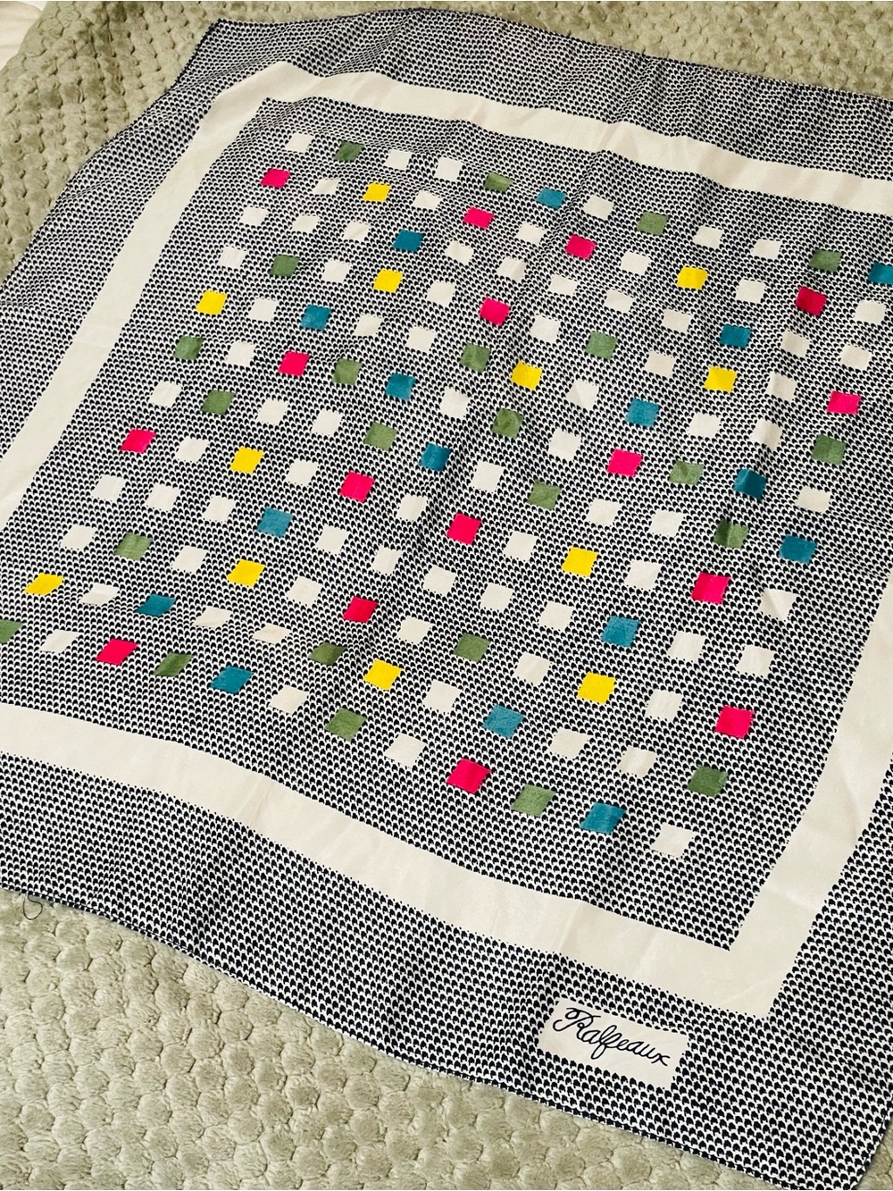 1960’s Multicolor Polka Dot Silk Scarf - Navy & Bright Accent Squares